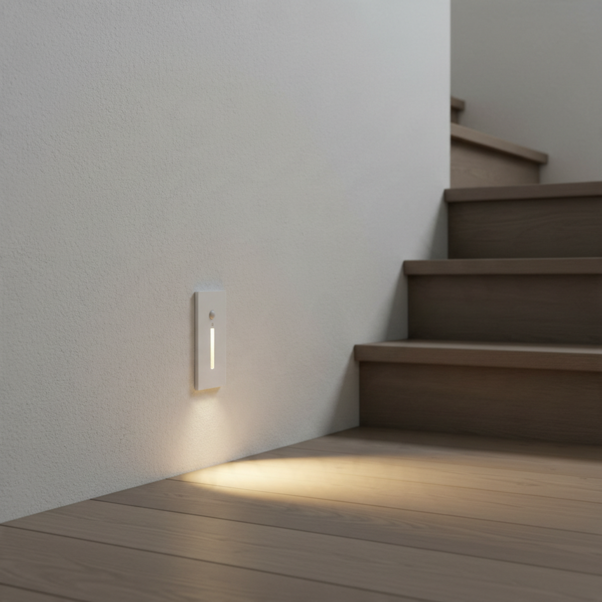 Ultra Beam Lighting Ltd white 3W LED recessed motion sensor step light illuminating a wooden staircase floor