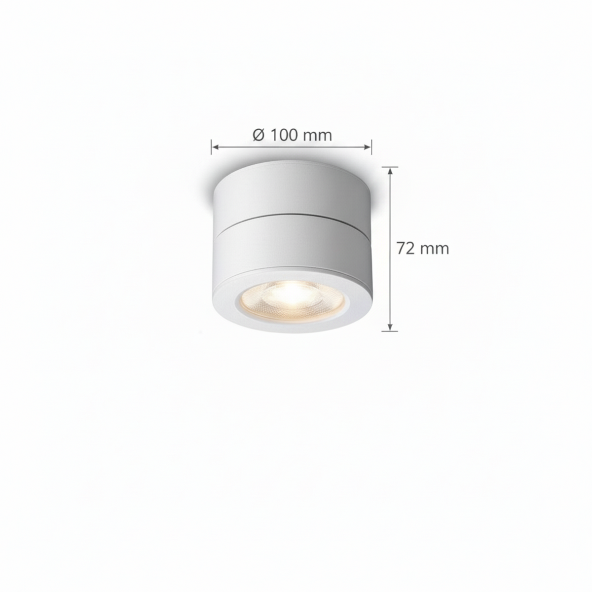 Ultra Beam Lighting Ltd 12 watt white surface mount LED spotlight with adjustable tilt and dimensions shown