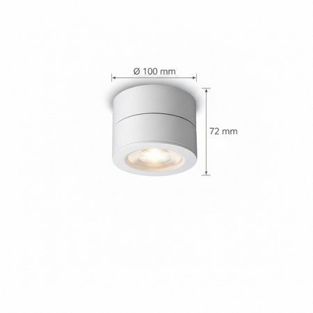 Ultra Beam Lighting Ltd 12 watt white surface mount LED spotlight with adjustable tilt and dimensions shown