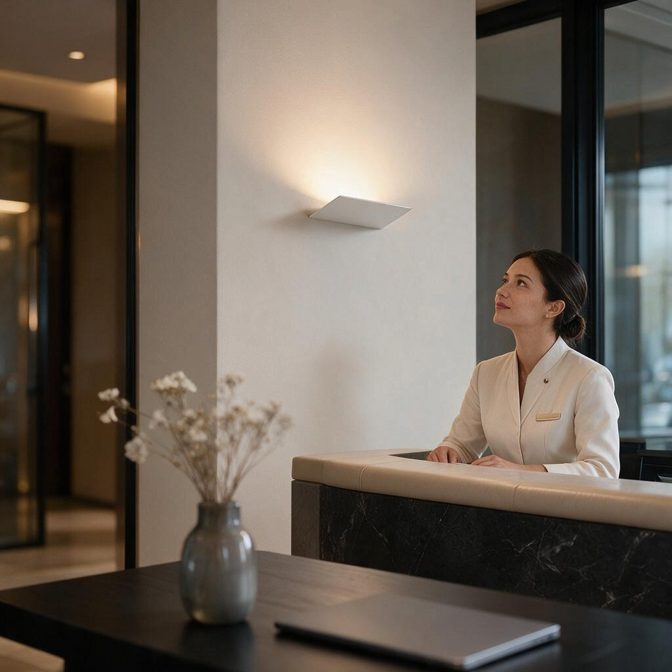 Ultra Beam Lighting Ltd 12W white LED indoor uplight wall sconce casting a warm glow on a modern interior wall
