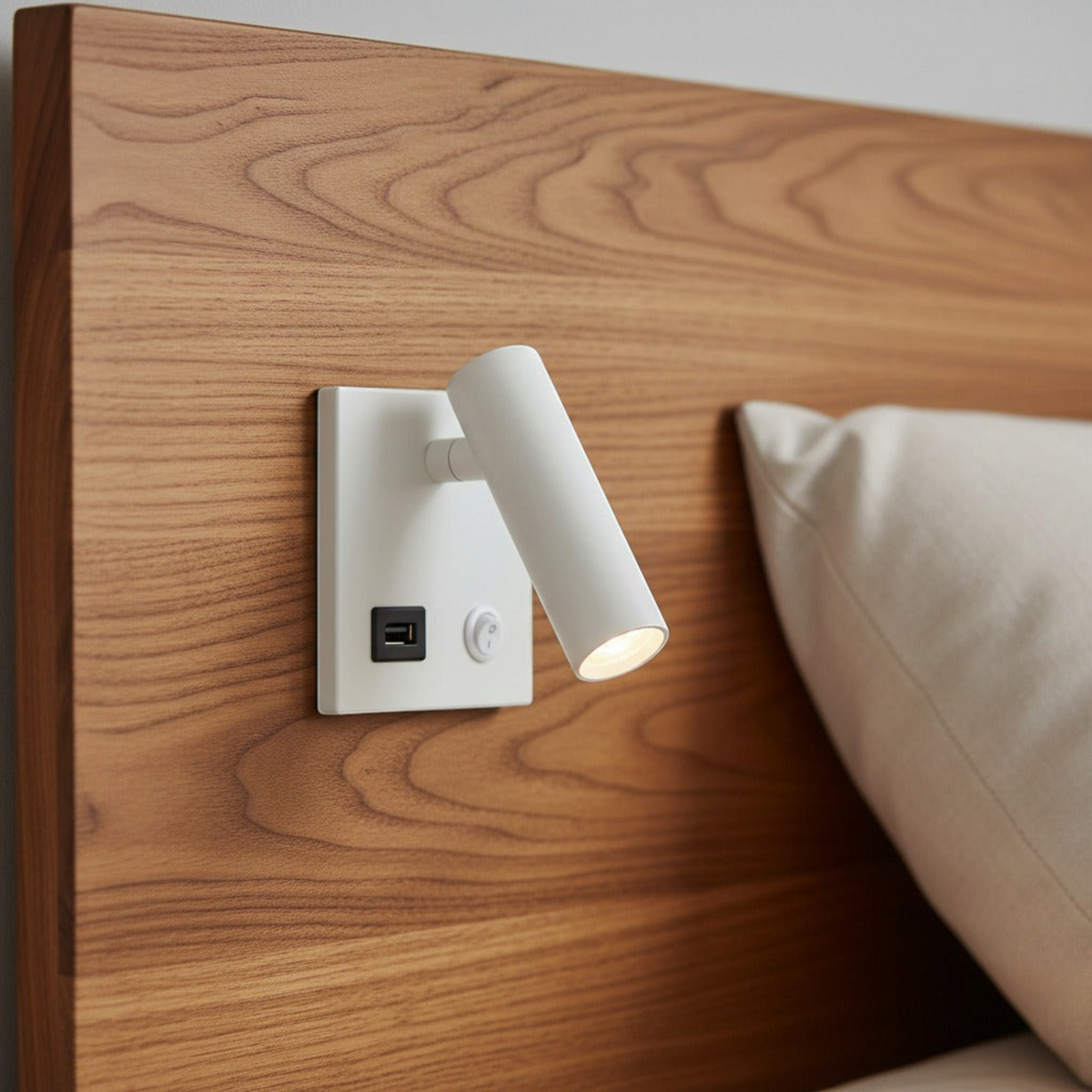 Ultra Beam Lighting Ltd white recessed bedside reading lamp with adjustable head and integrated USB charging port.