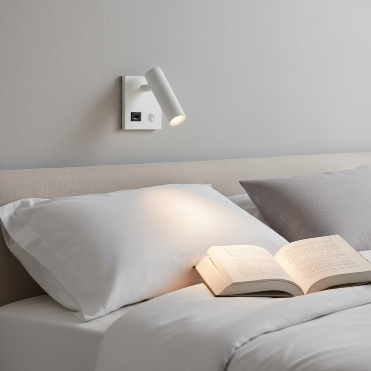 Ultra Beam Lighting Ltd white recessed bedside reading lamp with adjustable head and integrated USB charging port