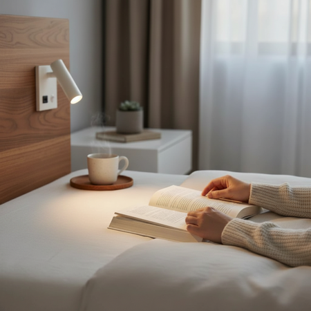 Ultra Beam Lighting Ltd white recessed bedside reading lamp with USB port, casting warm light on a book in a bedroom.