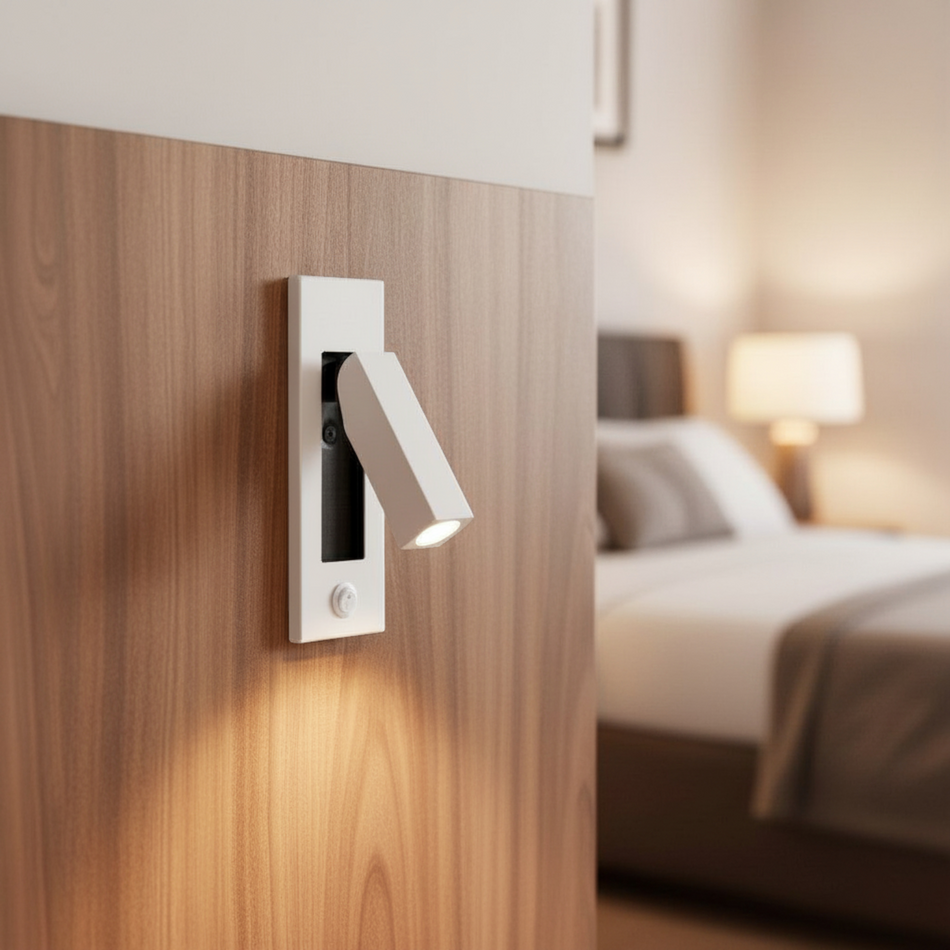 Ultra Beam Lighting Ltd white adjustable recessed LED reading lamp mounted on a wooden bedroom wall