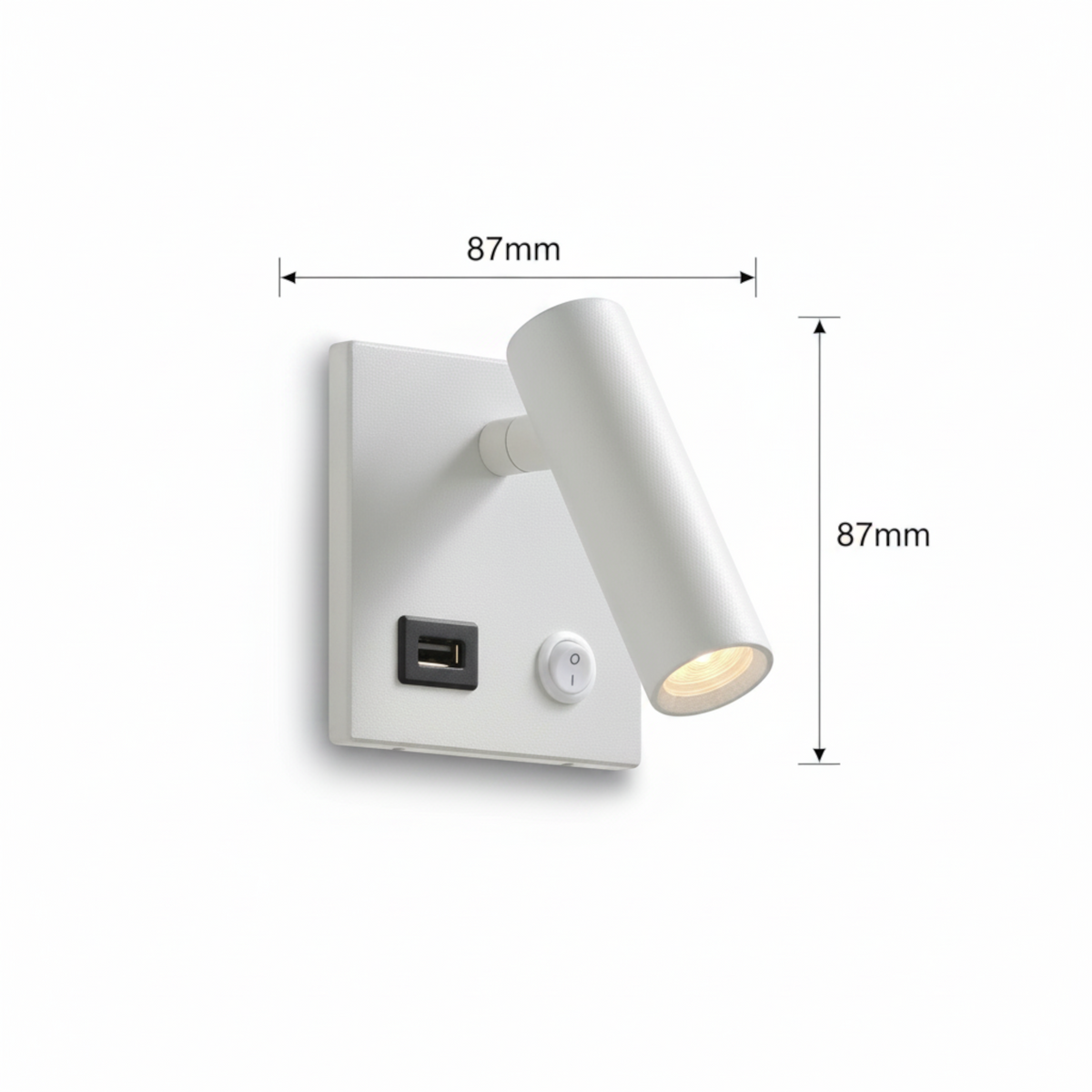 Ultra Beam Lighting Ltd white recessed bedside reading lamp with adjustable head, USB port, and on-off switch.