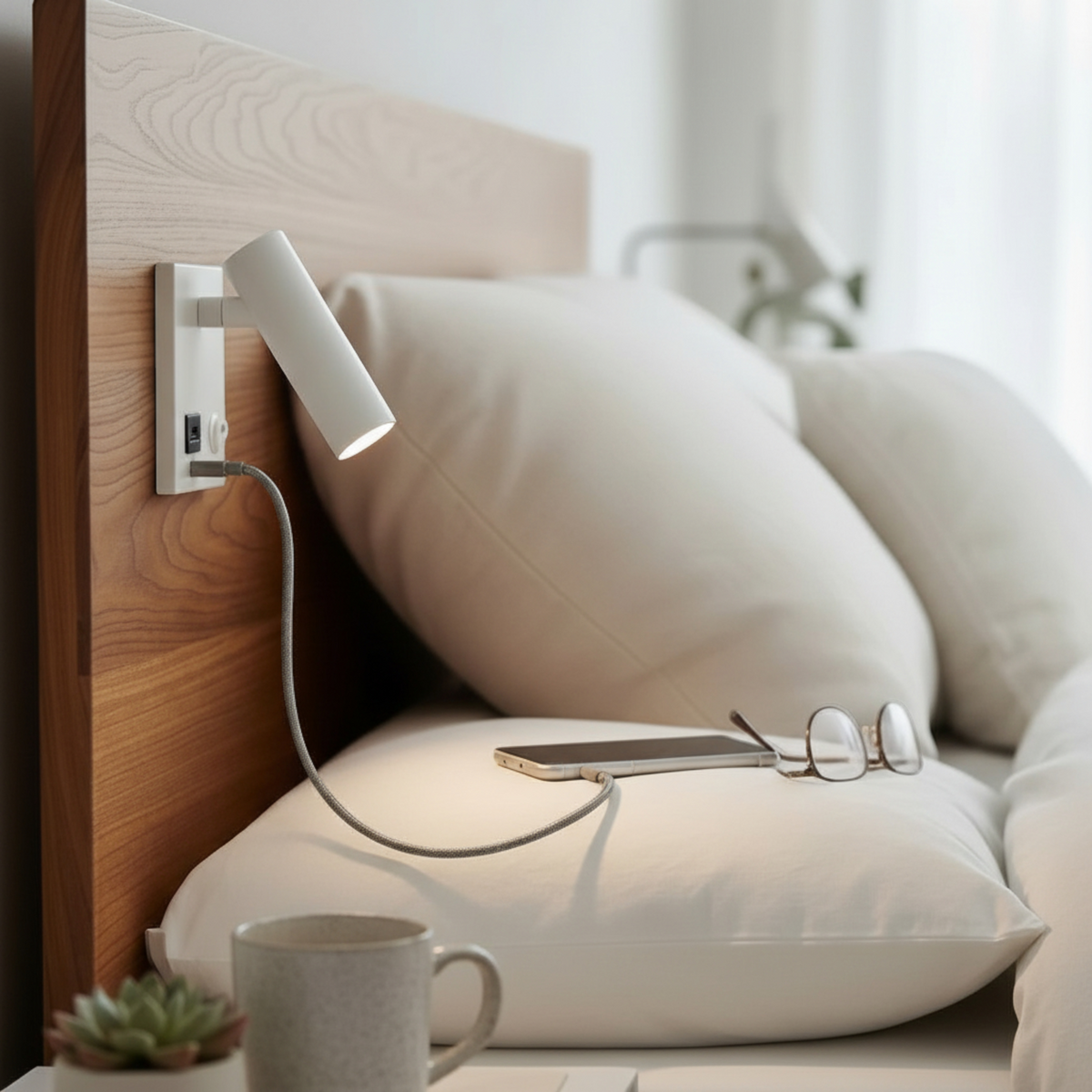 Ultra Beam Lighting Ltd white recessed bedside reading lamp with adjustable head and integrated USB charging port