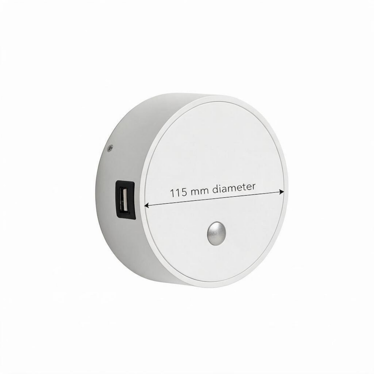 Ultra Beam Lighting Ltd white circular LED reading lamp with integrated USB charging port and 115mm diameter
