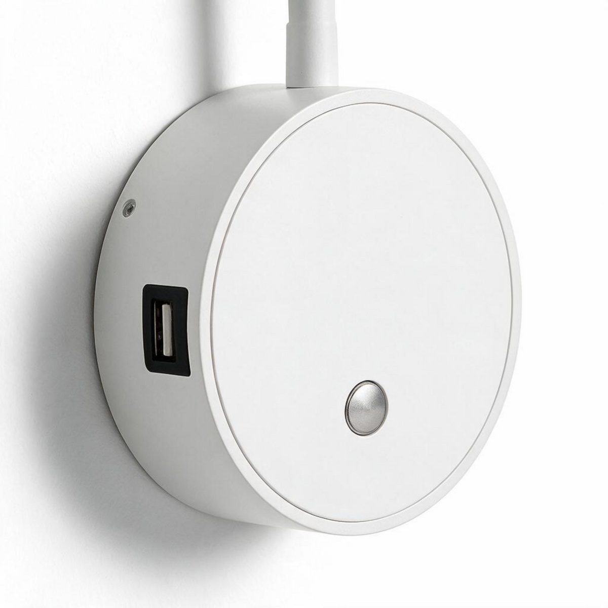 Ultra Beam Lighting Ltd white wall-mounted LED reading lamp with integrated USB charging port and power button