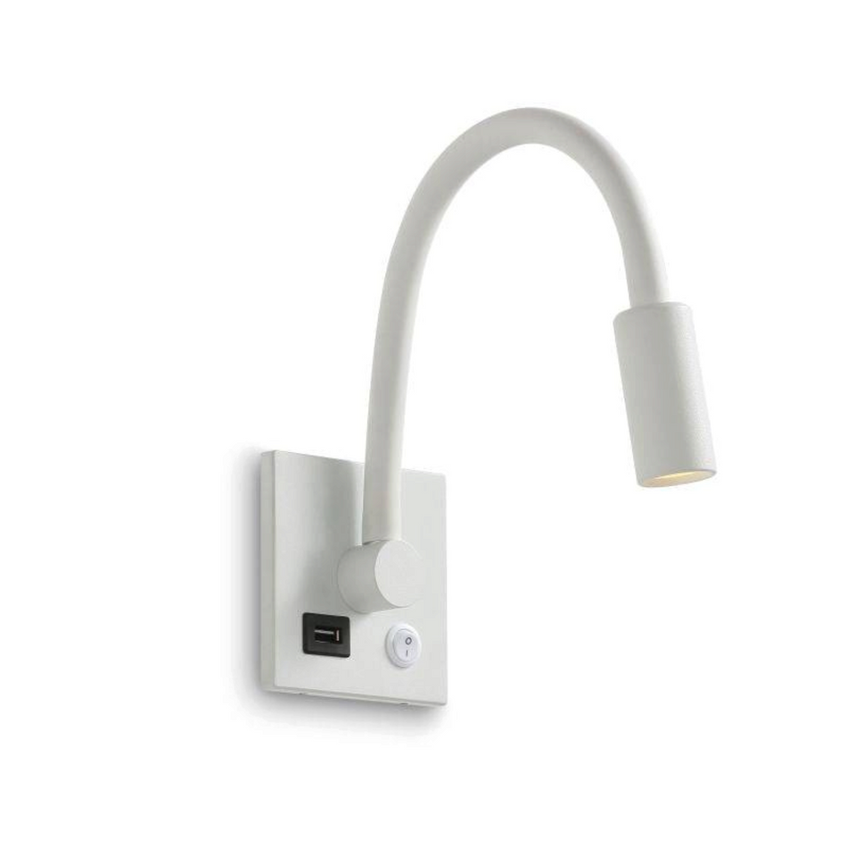 Ultra Beam Lighting Ltd white flexible LED reading lamp with integrated USB charging port and wall switch