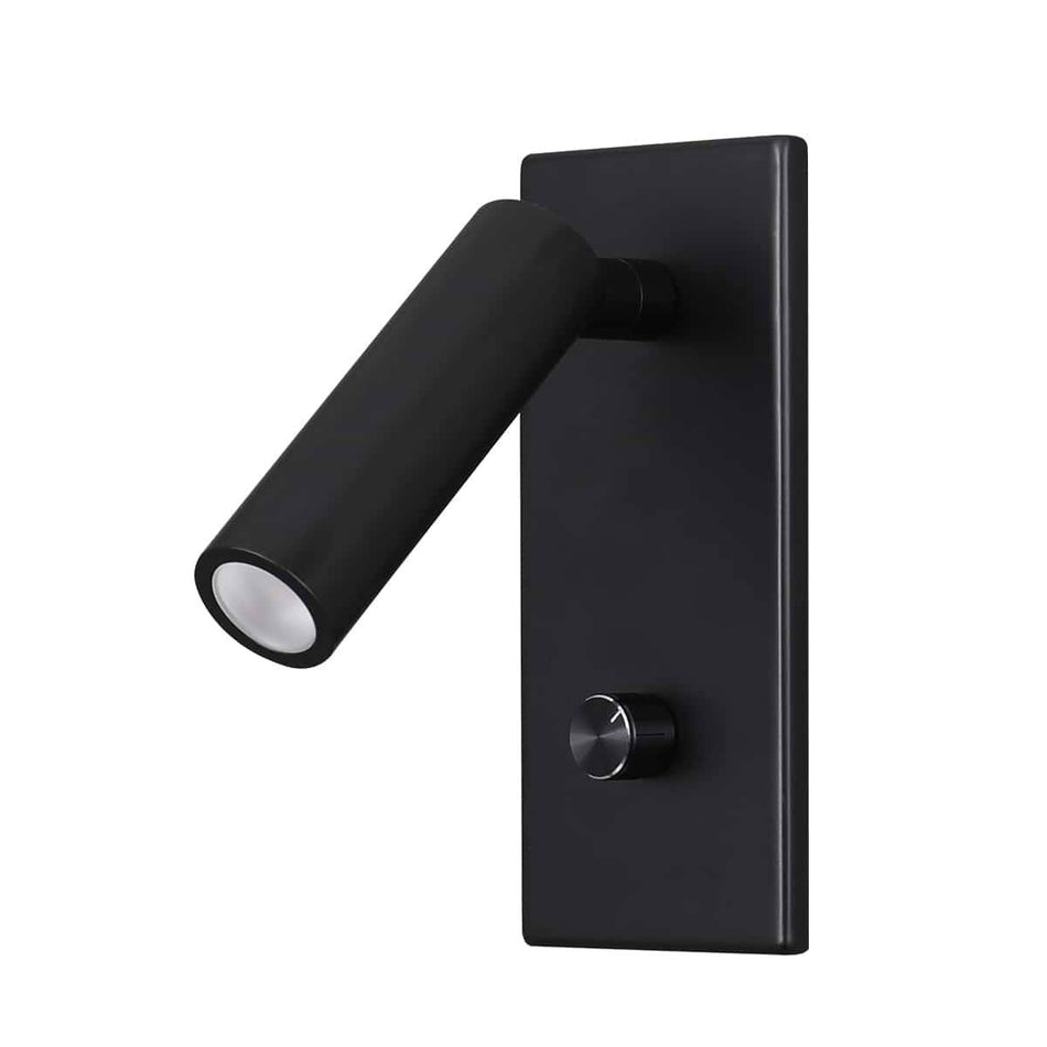 black dimmable reading light mounted on a white wall 