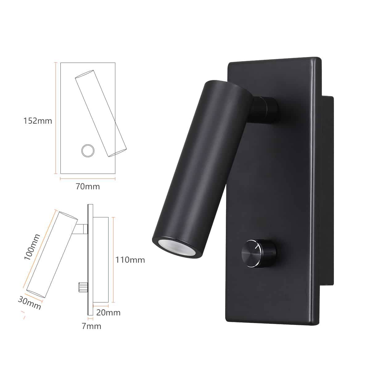 black dimmable reading light image showing the dimesions in a line drawing