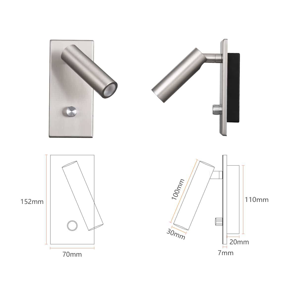 brushed nickel dimmable reading lamp showing products and line drawing of product with dimensions
