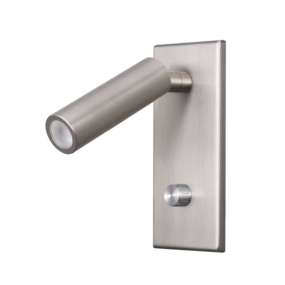 brushed nickel dimmable reading lamp close up image of product with reading light arm 