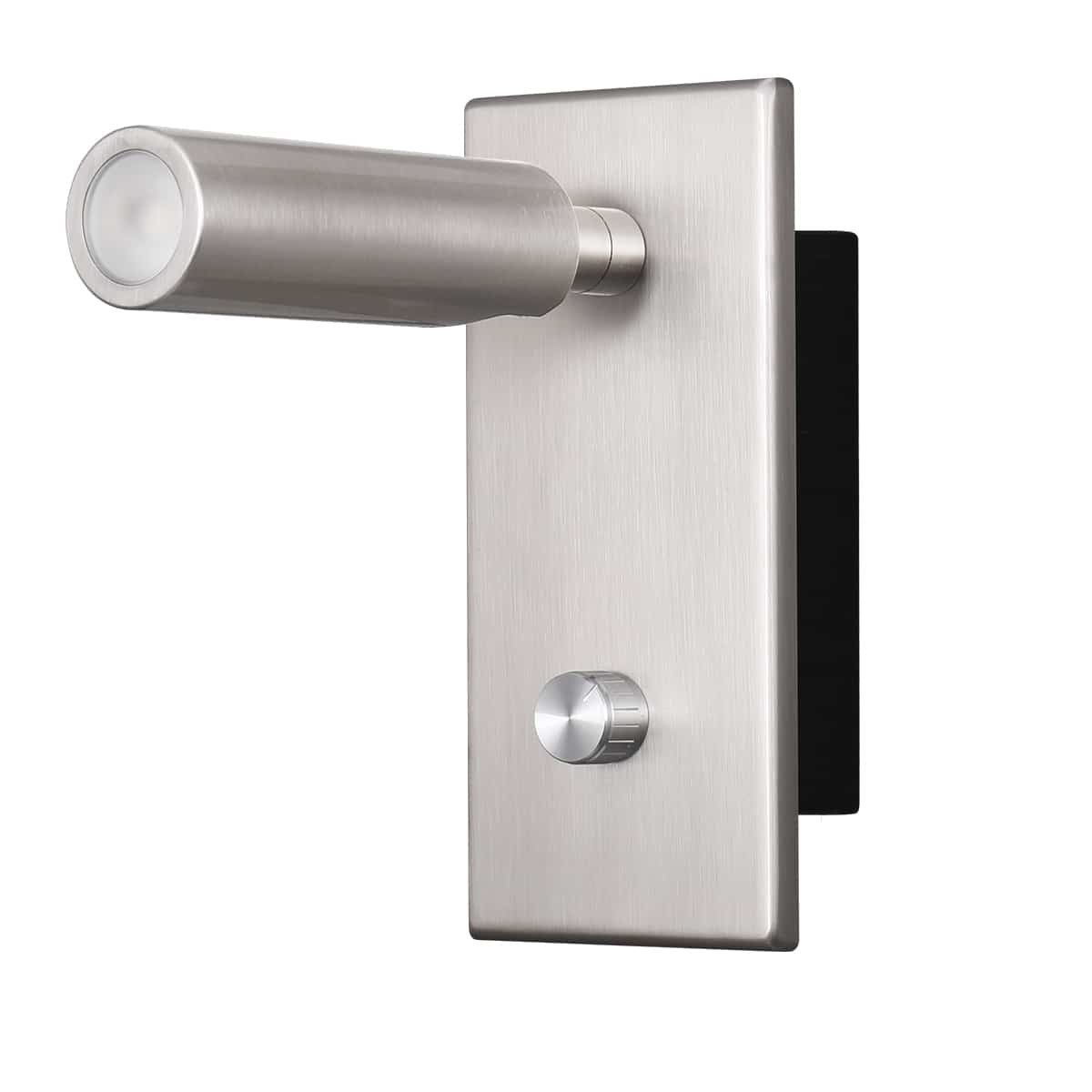 brushed nickel dimmable reading lamp with light head pointing out at full extension