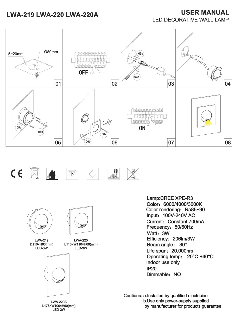 LWA219-LWA220 Recessed LED reading light installation guide