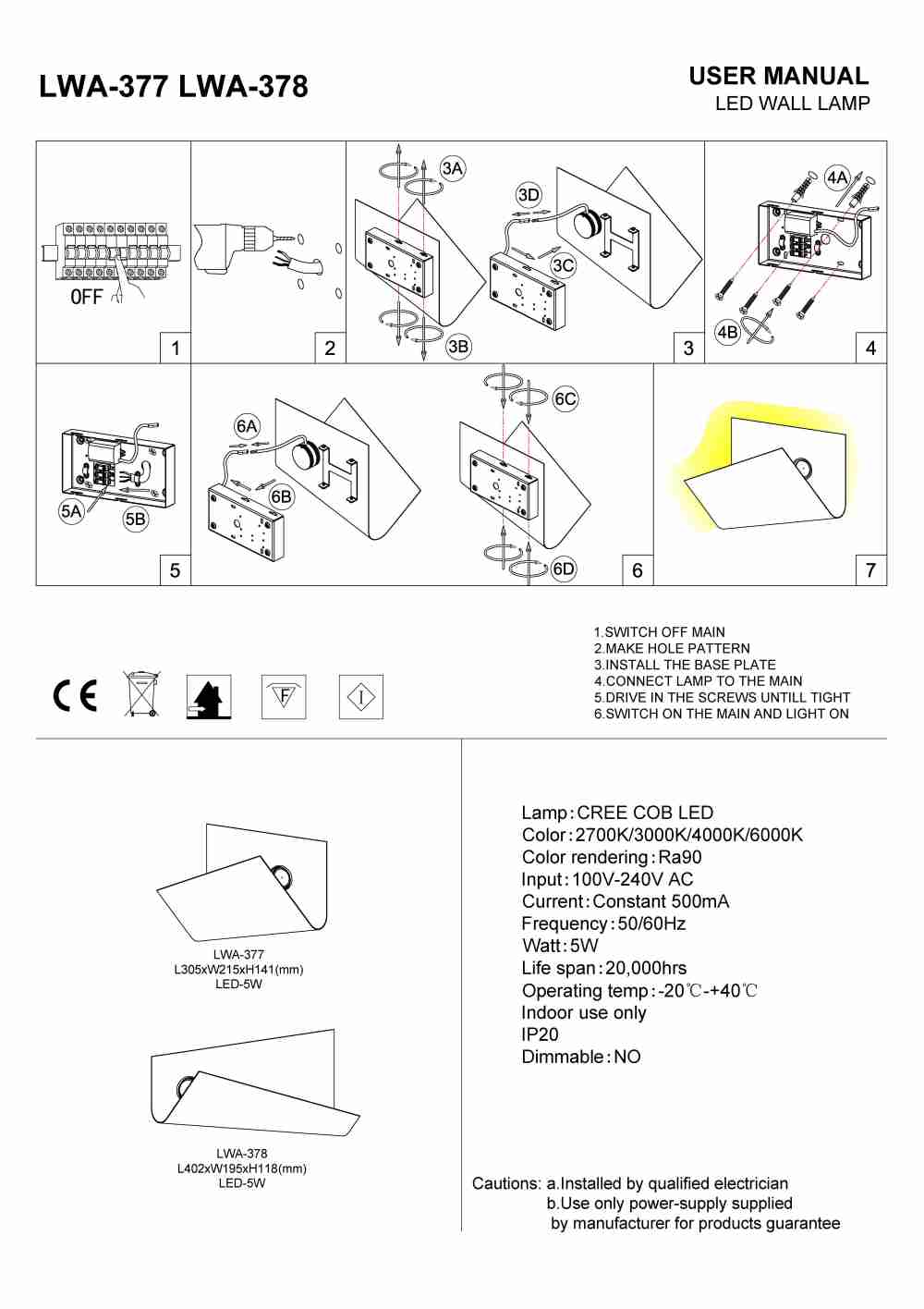 LWA-377 LWA-378 interior LED wall light installation guide