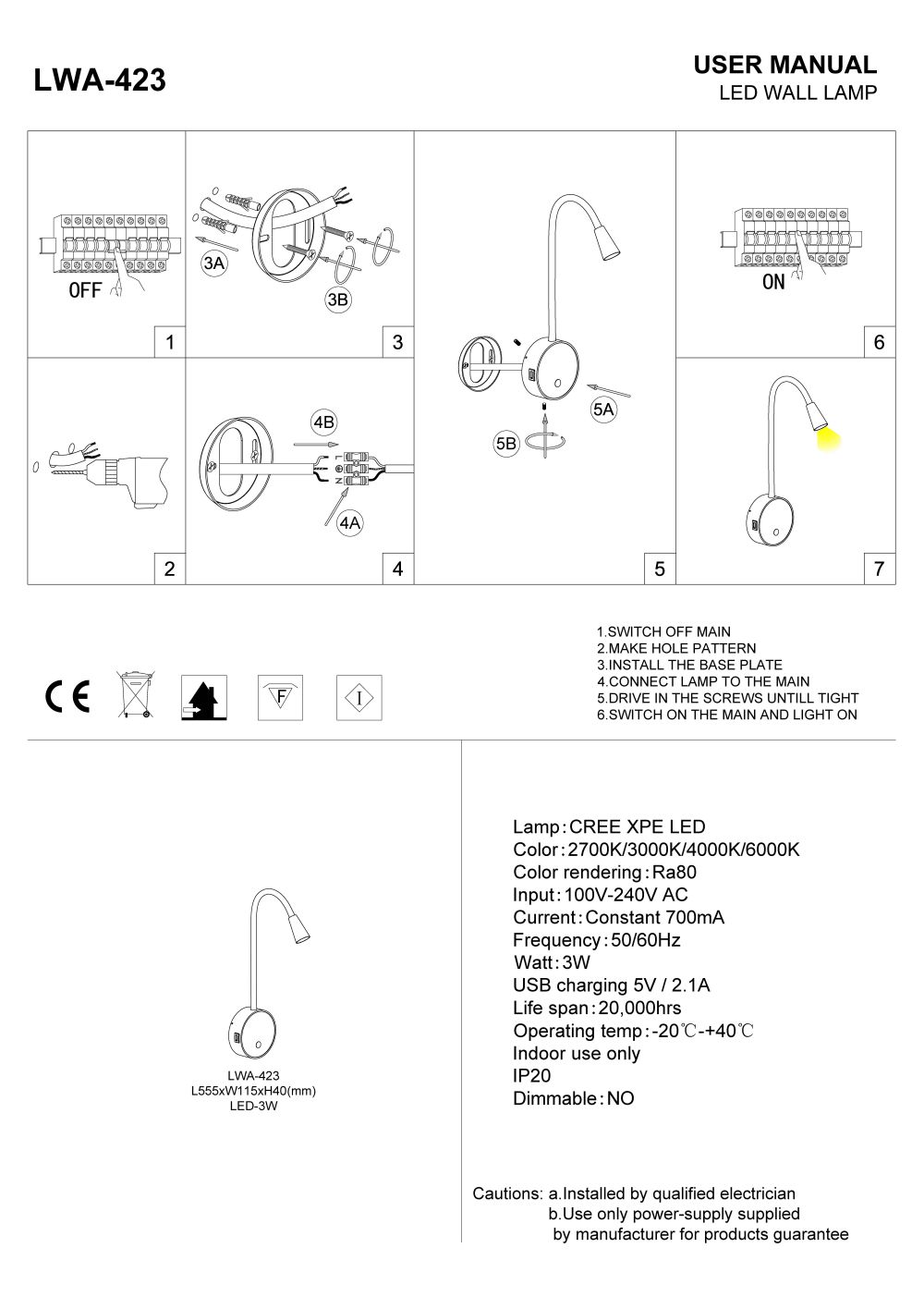 LWA-423 wall mounted LED reading light with USB installation guide