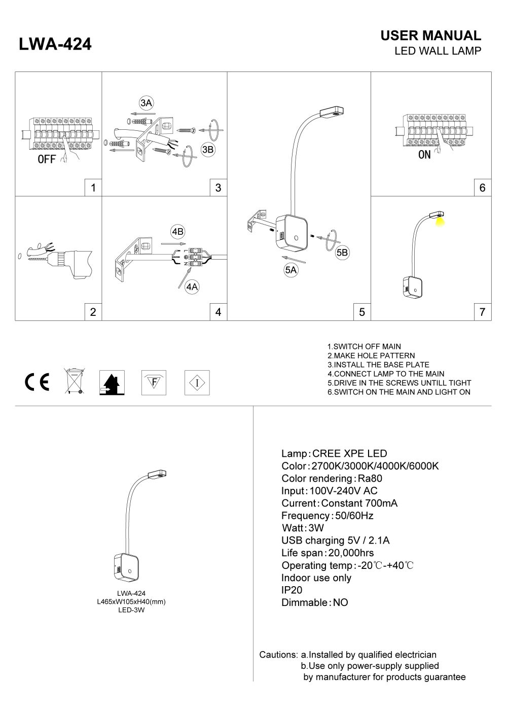 LWA-424 wall mounted LED reading light with USB ports installation guide