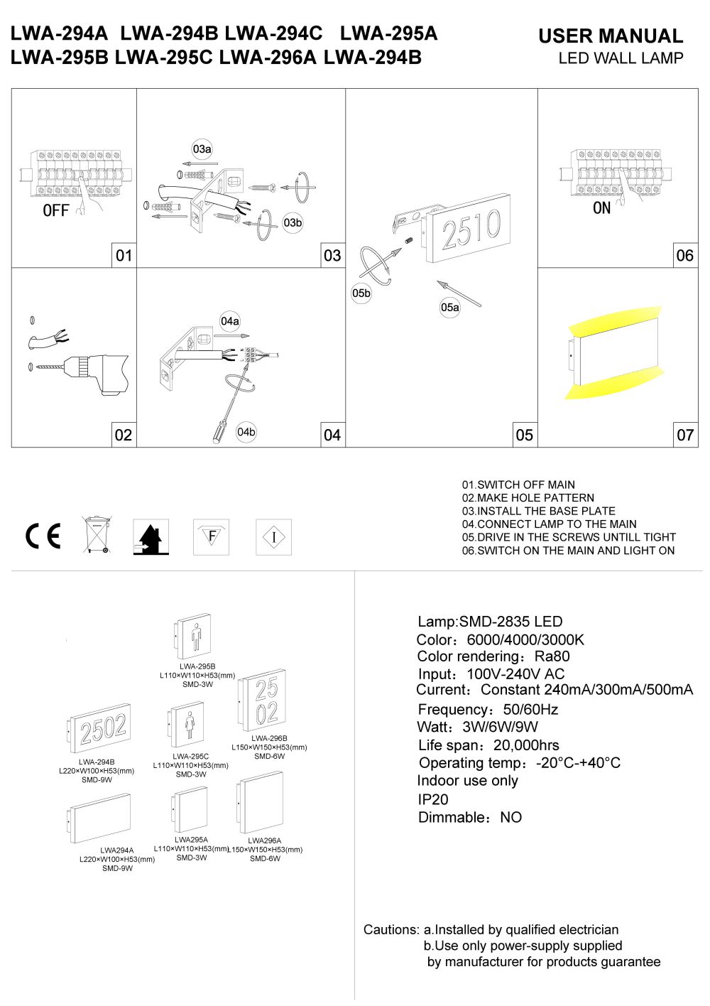 LWA295 4 Watt square illuminated LED washroom sign installation guide