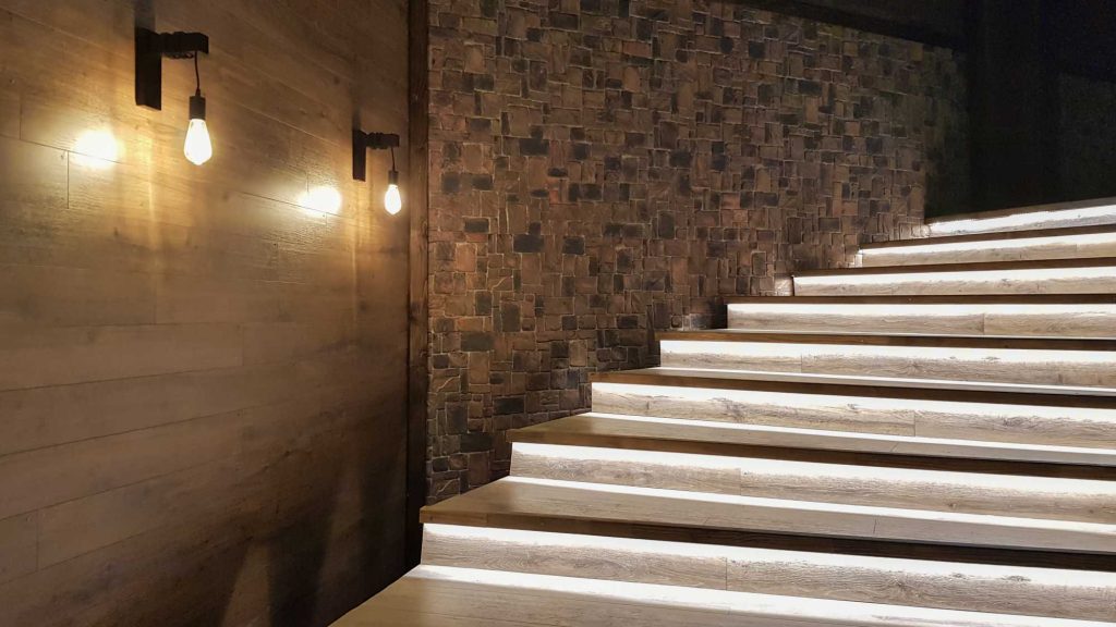 LED stairway lighting using wall lights and step lights