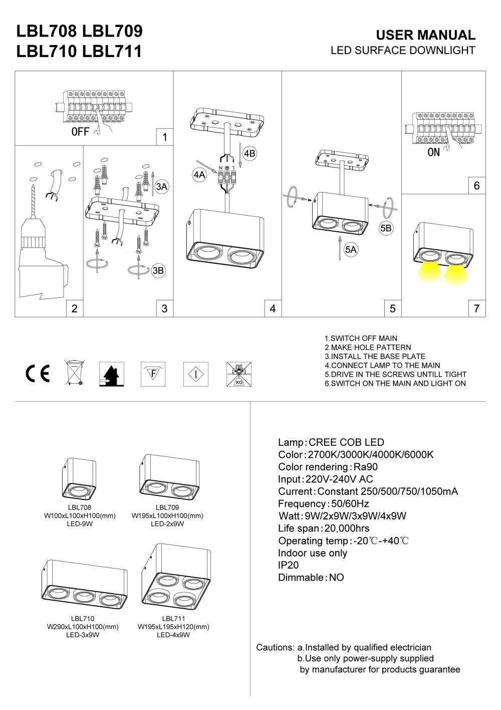 LBL708 LBL709 LBL710 LBL711 surface mounted LED downlight installation guide