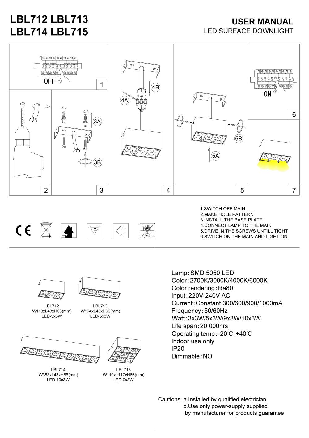 LBL712 LBL713 LBL714 LBL715 anti glare surface mounted downlight installation guide