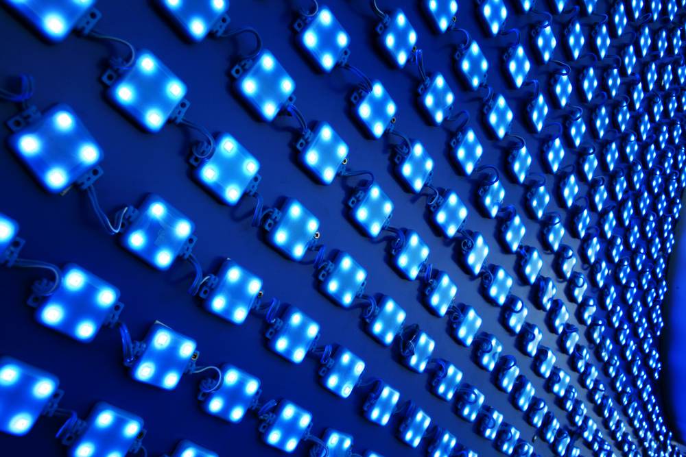 LED light wall showing LED modules in blue colour