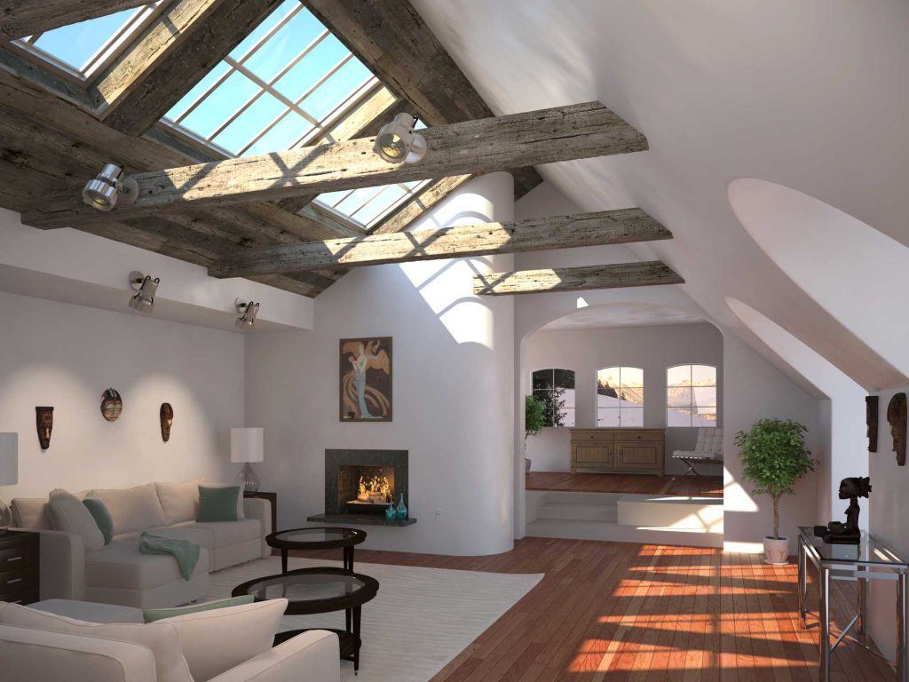 loft conversion image showing roof lights and various lighting fittings