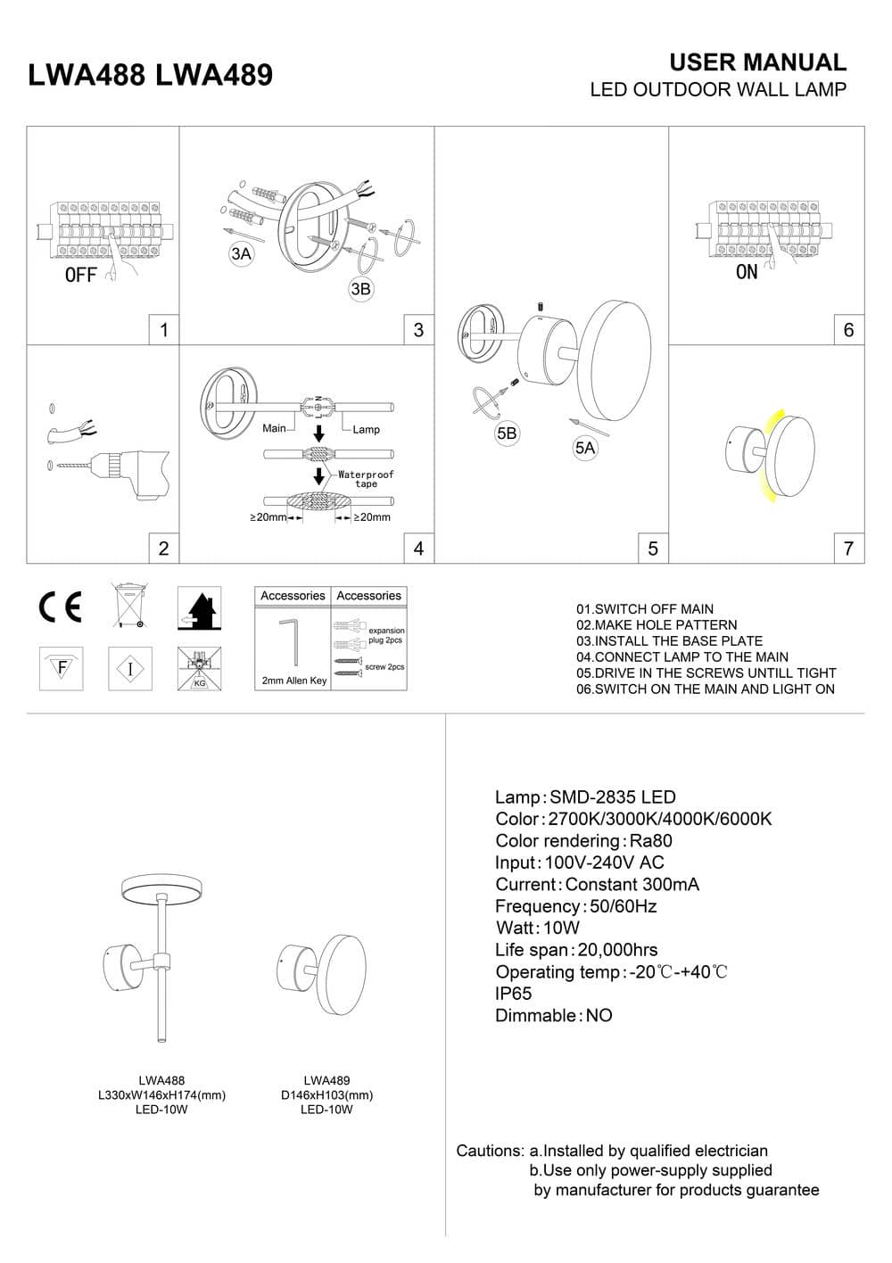 LWA488 LWA489 black IP65 outdoor LED wall light fitting installation guide