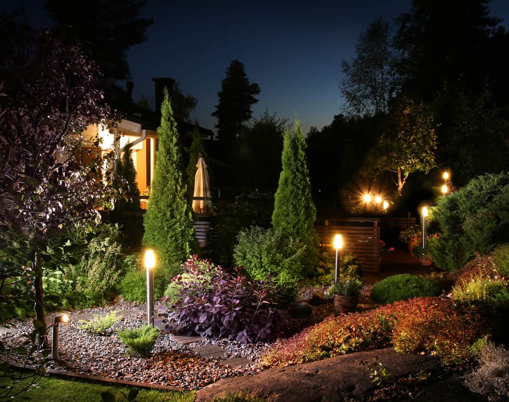 Garden at night with LED bollards in borders