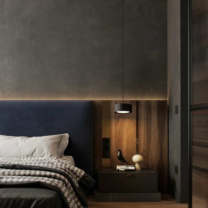 LPL165-BK black LED pendant light hung next to a bed