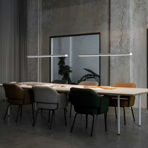 LPL372-WT linear LED pendant light hung over a dining table